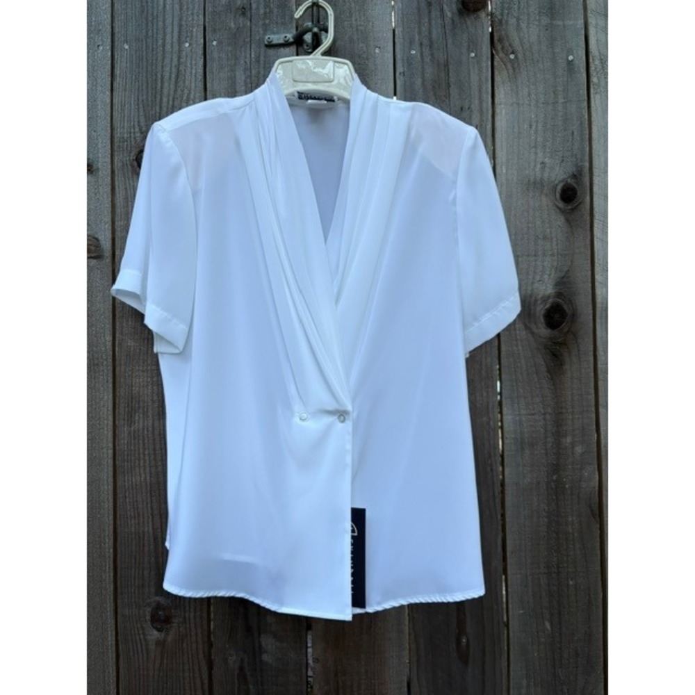 Vintage 80s 90s Alexandria White V Neck Blouse Made in USA Size 12 NWT